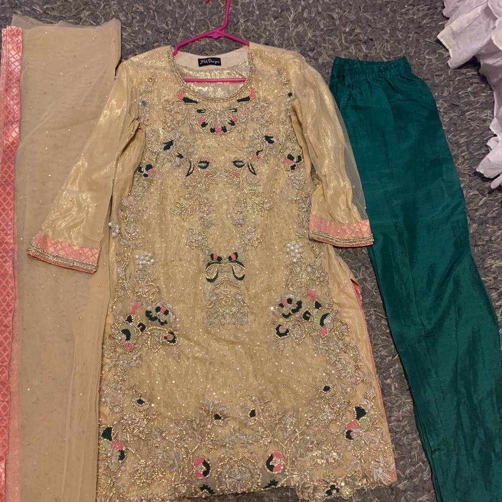 Gold Embroidered Net Outfit with Green Pants and net dupatta